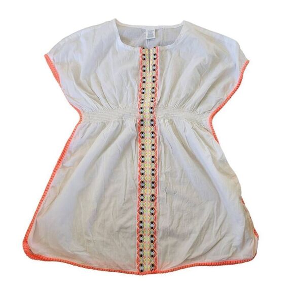 Girls large 10-12 100% cotton white boho swim cover braided trim neon swimming t - Picture 1 of 5